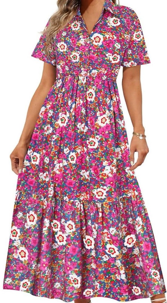 Boho Pink Floral Maxi Dress Button Front Collared Vintage Style, Plus Size XXL