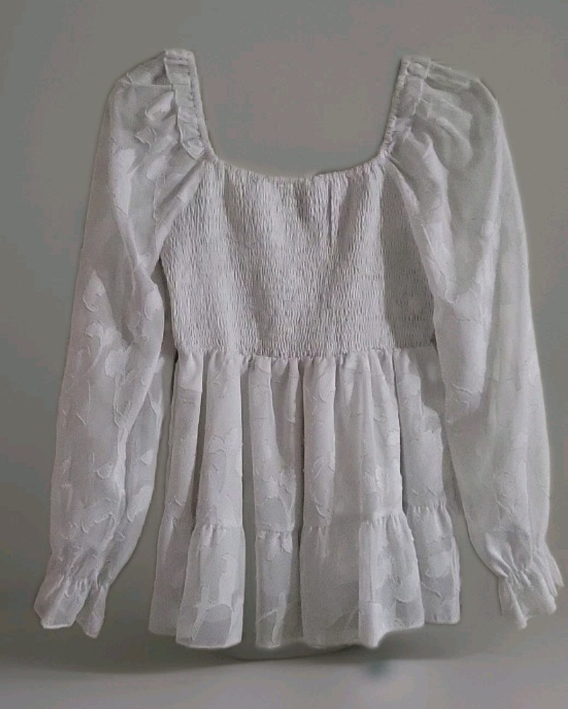 SHEIN White Floral Ruffle Square Neck Balloon Sleeve Blouse Size S
