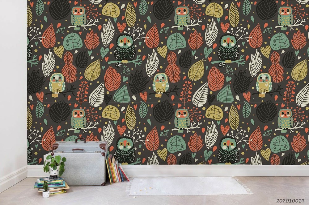 3D Owl Leaf Cartoon Pattern Wall Murals Wallpaper Murals Wall Sticker