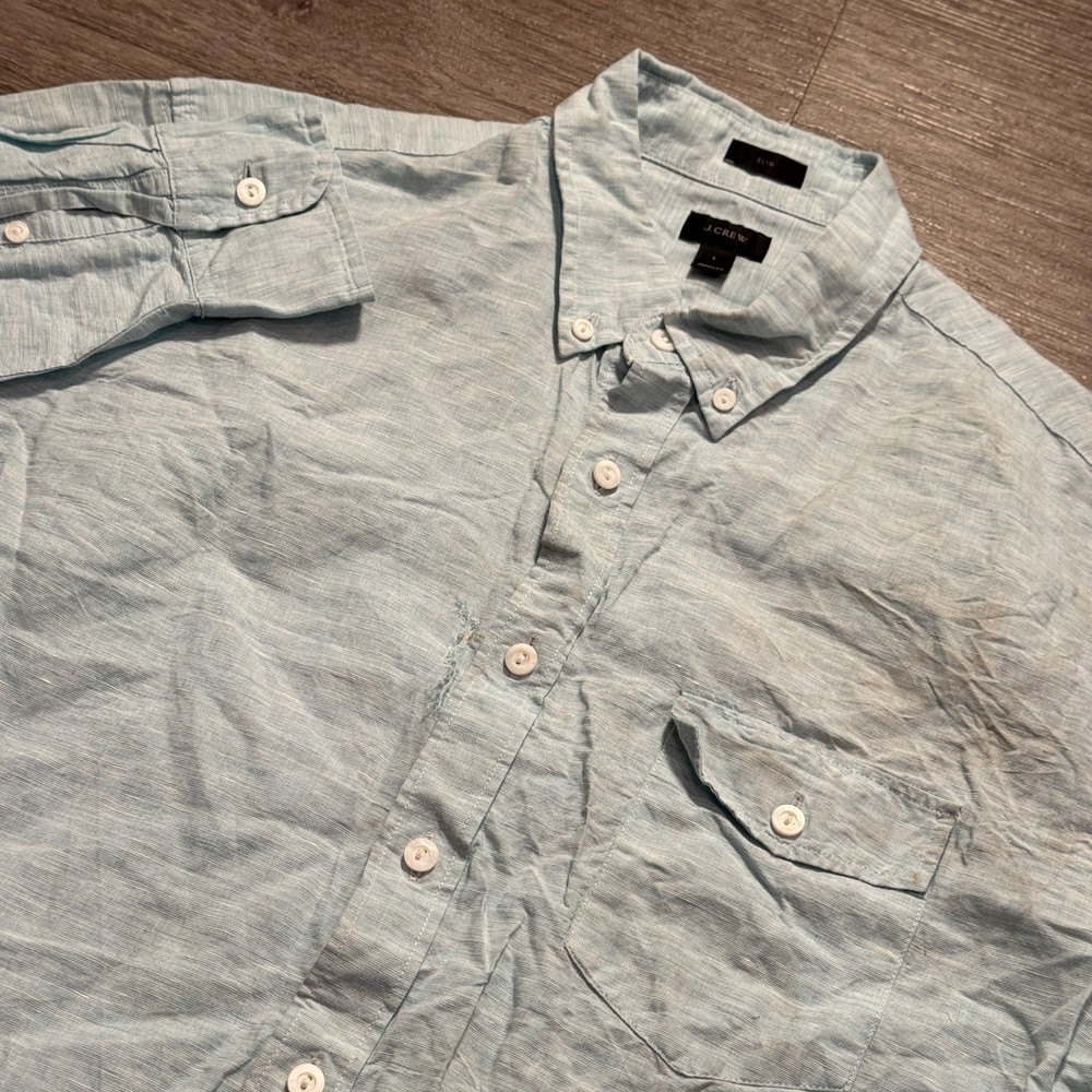 J Crew Shirt Mens Large Blue Linen Blend Long Sleeve Button Baird Mcnutt Casual