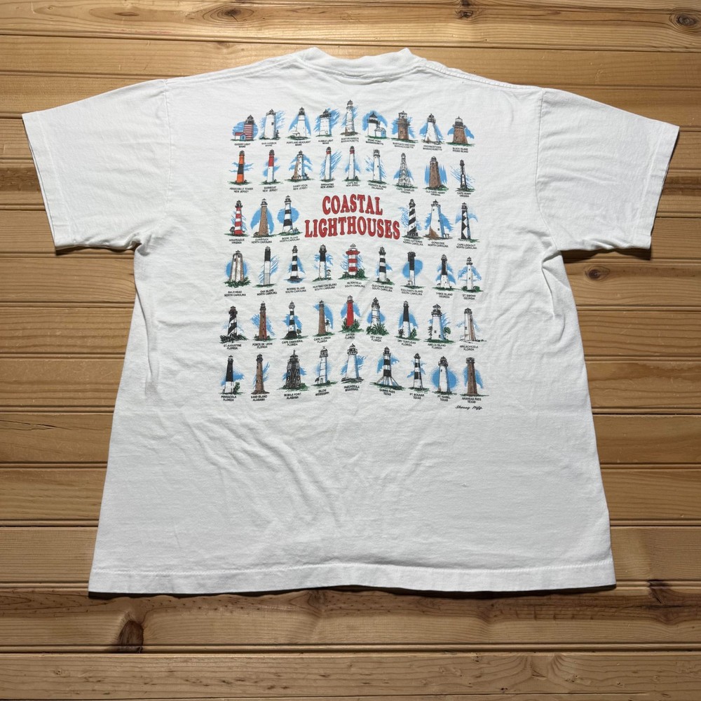 Vintage 90s Coastal Lighthouses Charleston South Carolina Pocket Shirt USA Large