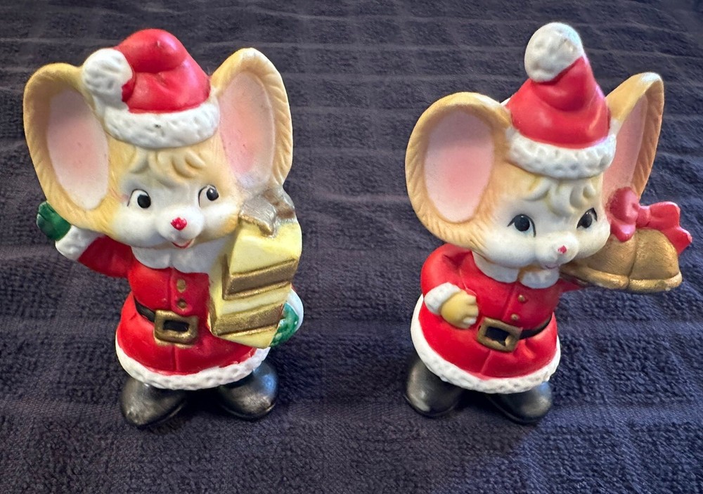 Vintage Set of 2 Homco Christmas Santa Mice Mouse Ceramic Figurines
