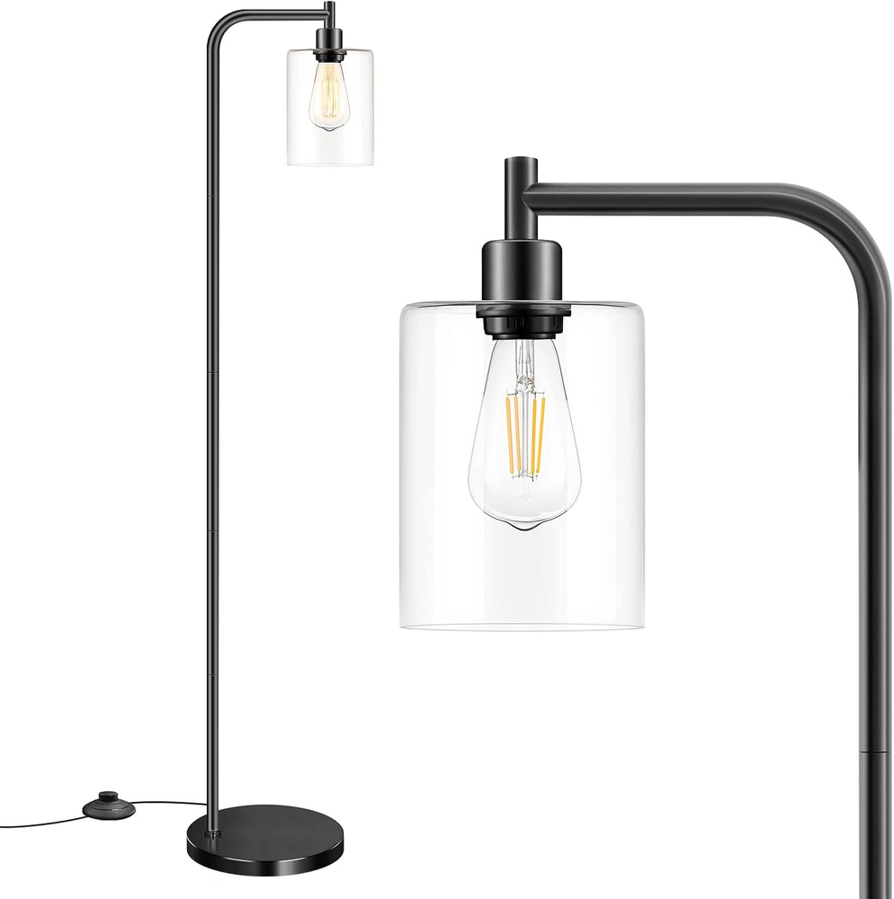 Industrial Floor Lamp with Hanging Glass Shade Black Farmhouse Indoor Pole Light