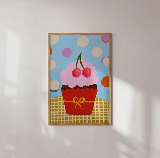Colorful Cherry Muffin Wall Art, Colorful Wall Art, Kitchen Print, Sweet Dessert