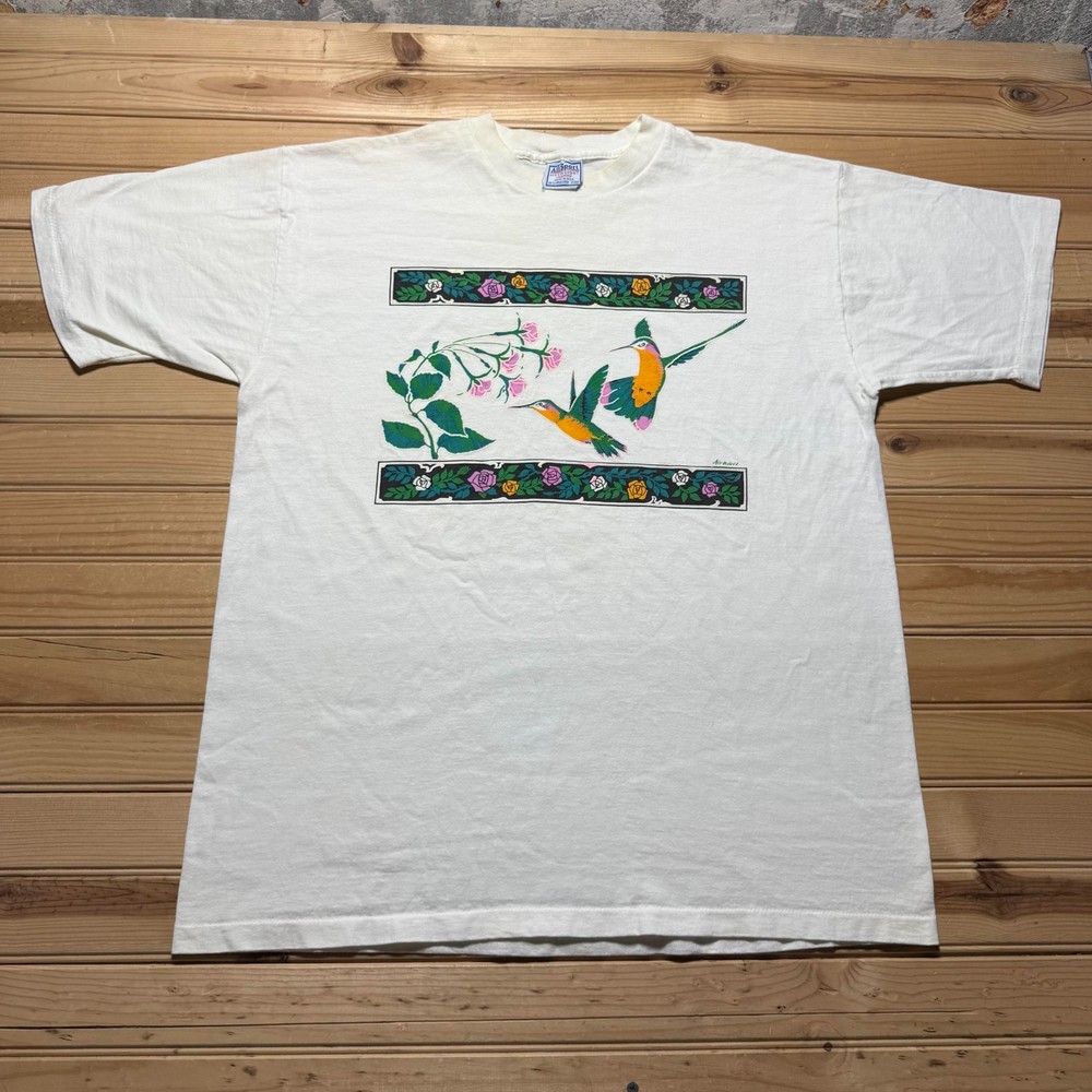 Vintage 90s Air Waves Hummingbird Floral Single Stitch Graphic T-Shirt USA - XL
