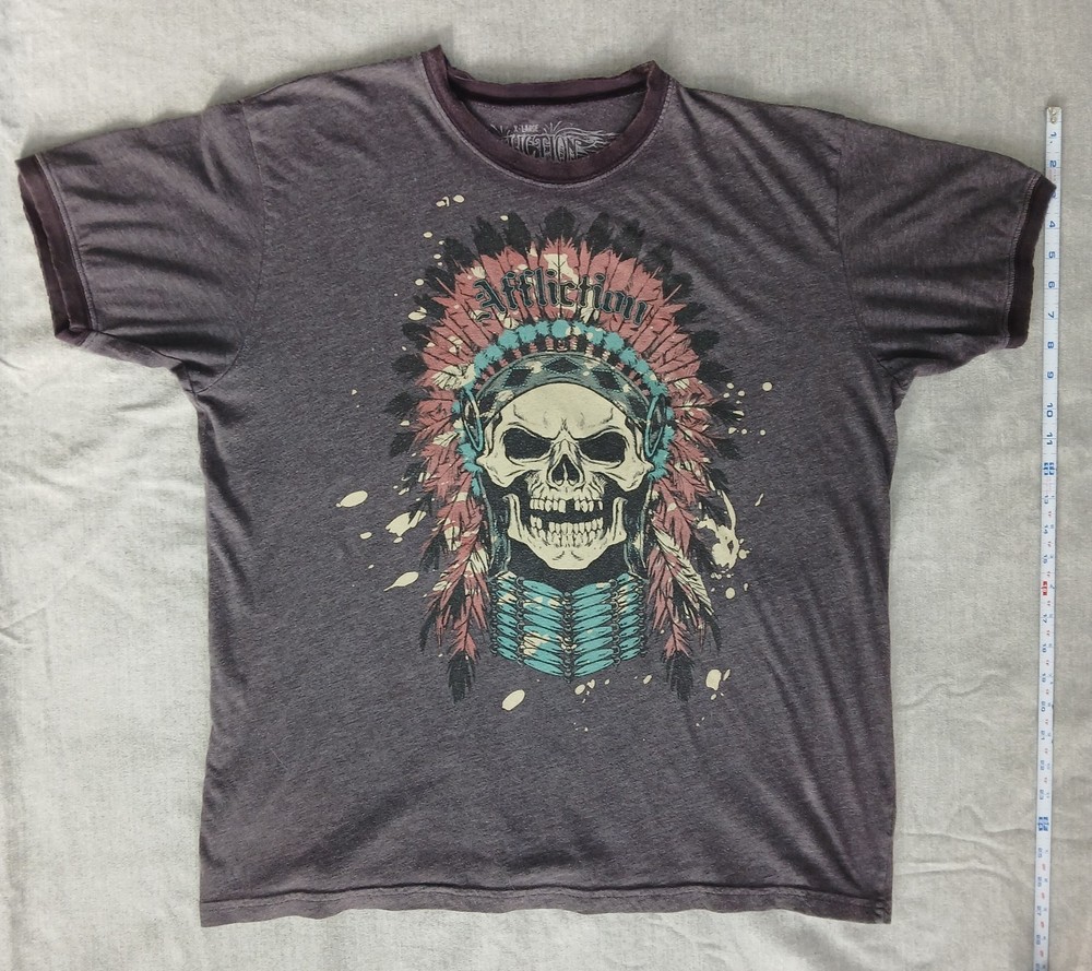 Vintage Affliction Men's Native Skull Short Sleeve T-shirt Sz XL Gray USA