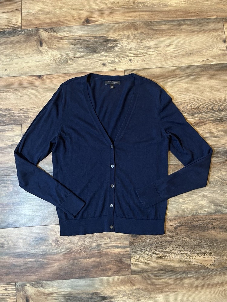 Banana Republic Silk Cashmere Cardigan Navy Blue V-Neck Sweater Womens M