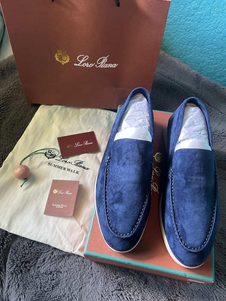 loro piana summer walk loafers mens Blue Suede EU43 US 10 NEW Full Set