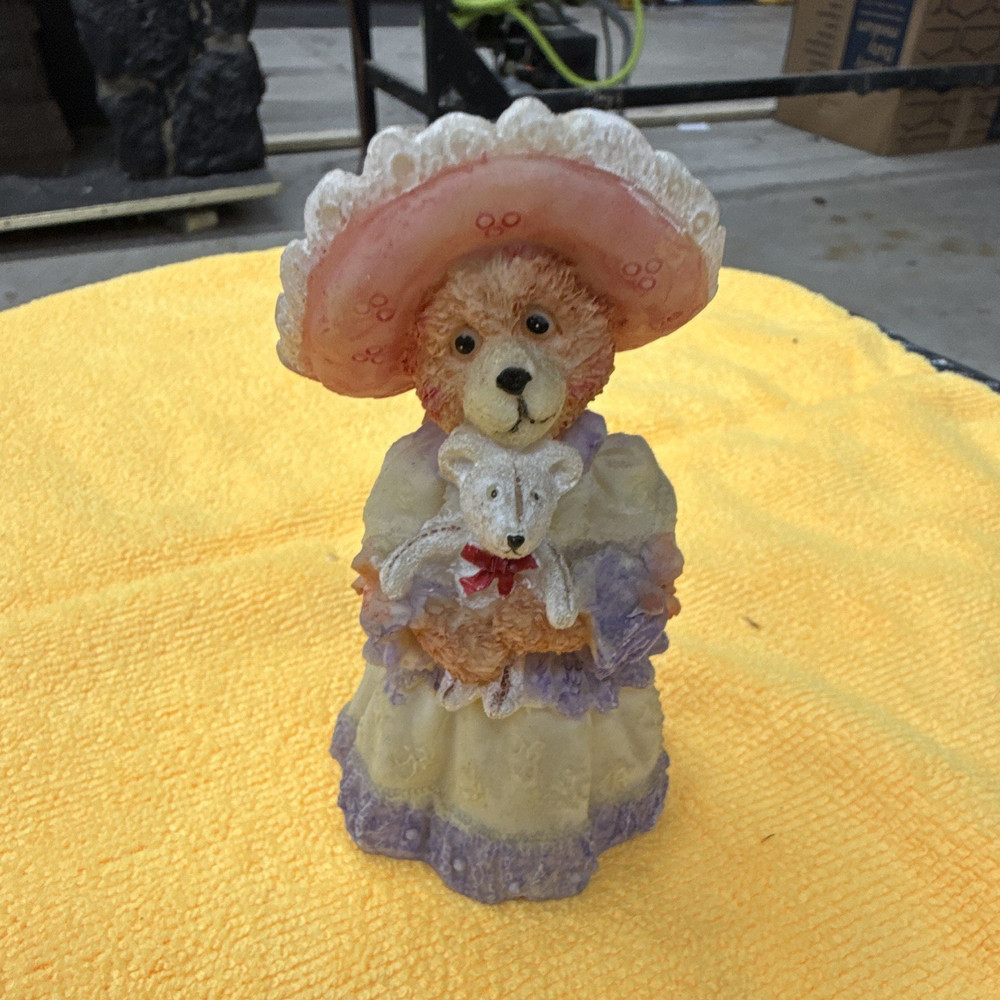 Victorian Resin Girl Figurine Pink Bonnet Floral Hand Painted Teddy Bear
