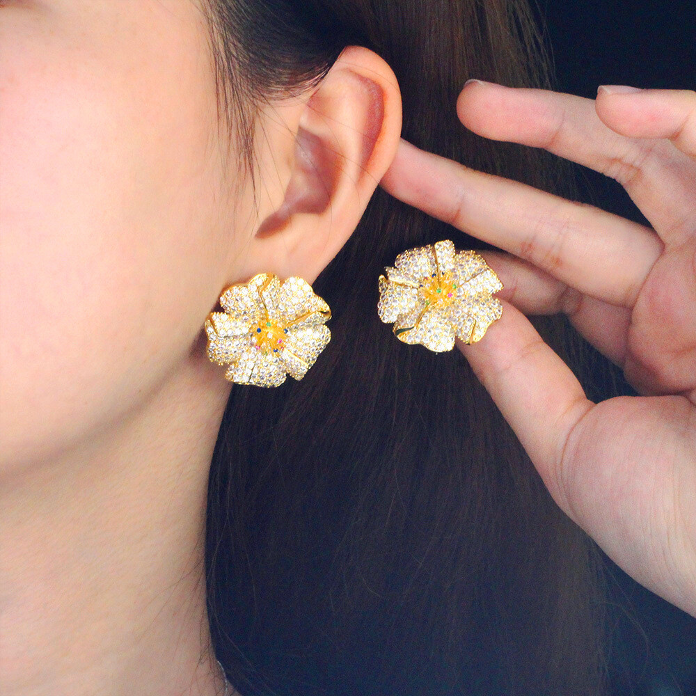 Women Gold Plated Flower Big Stud Earrings Cubic Zirconia Wedding Bridal Jewelry