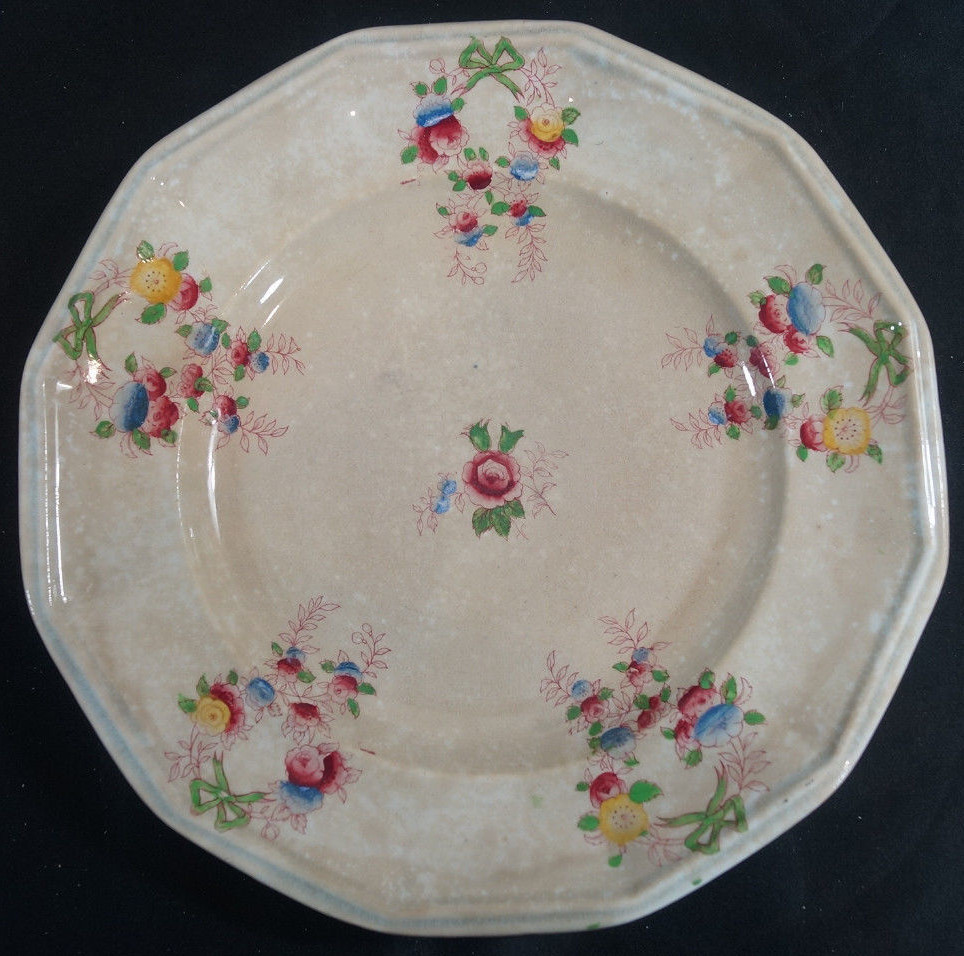 Set of 4 Charles Meigh Hand Colored Floral & Green Ribbon 9 5/8 Inch Plates