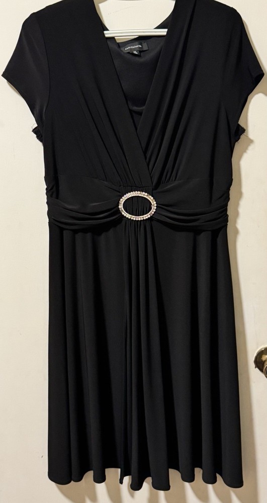 R&M Richards Dress Women's 14 Black Evening Rhinestone Cocktail Midi Fit Flare