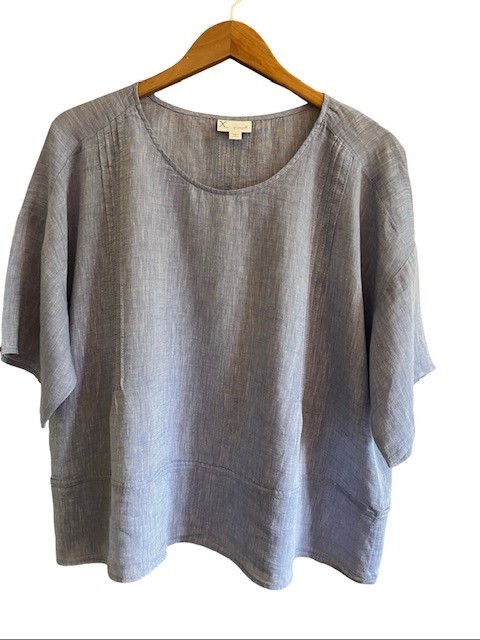 J Jill Purejill Linen Blend Top XL Petite Blue Pintuck Pleat Boxy Pullover Tee