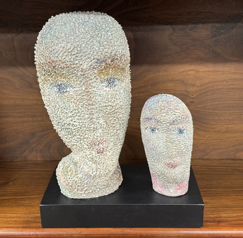 Abstract Clay Head Sculpture on Stand by Rosette Gault-image