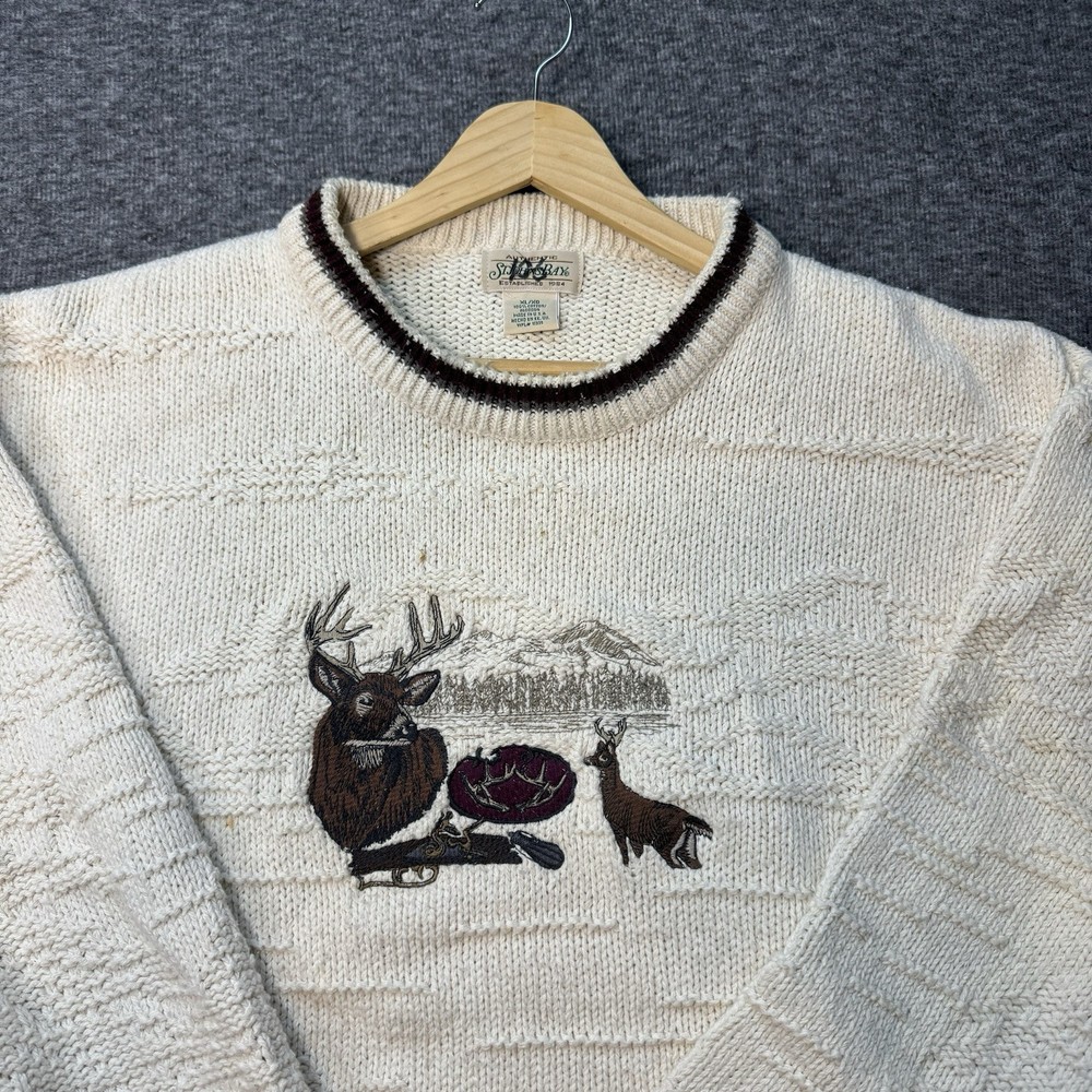 Vintage 90s St Johns Bay Knit Sweater XL White Deer Embroidered Nature USA