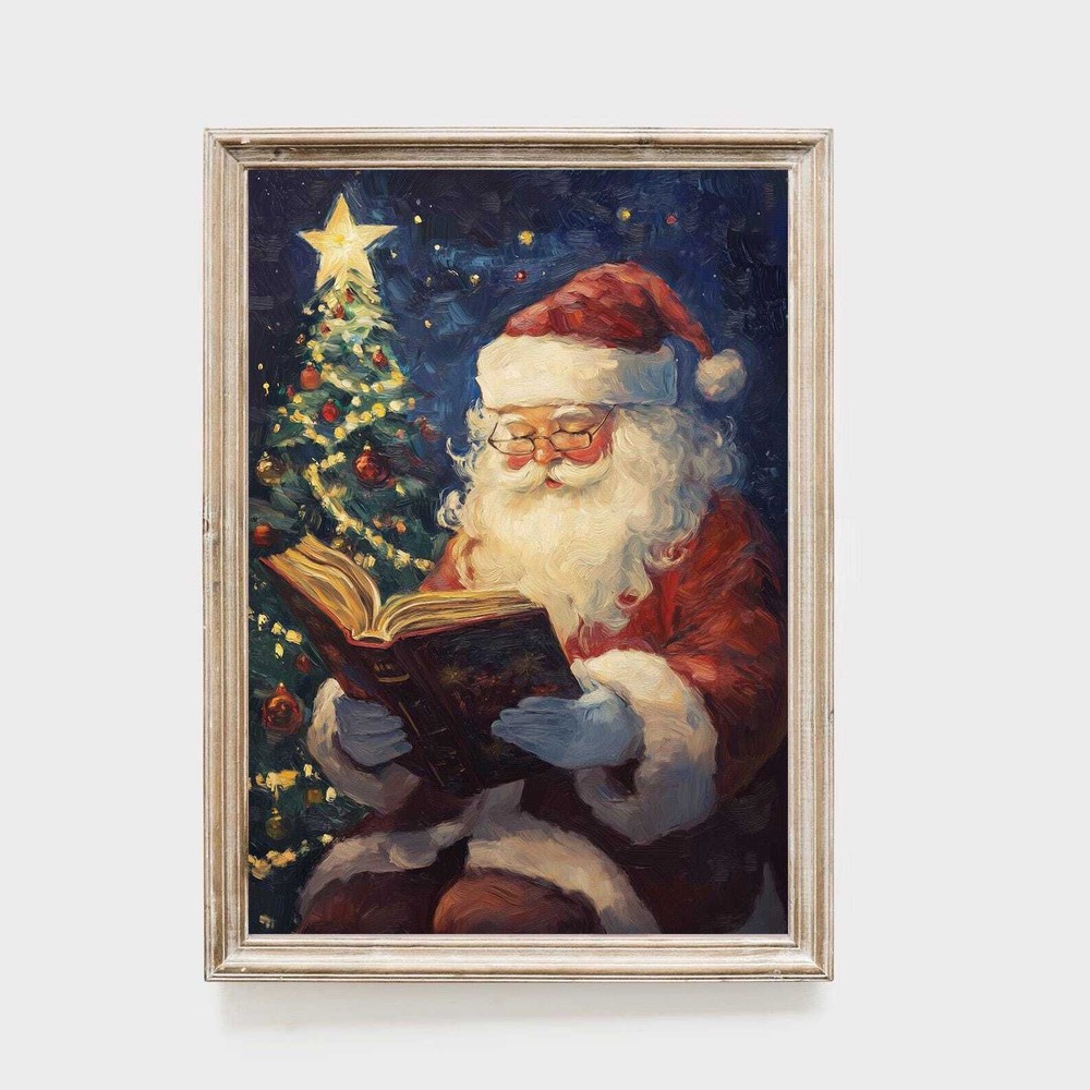 Santa Reading Book Art Print Christmas Tree Wall Decor Holiday Painting Vintage