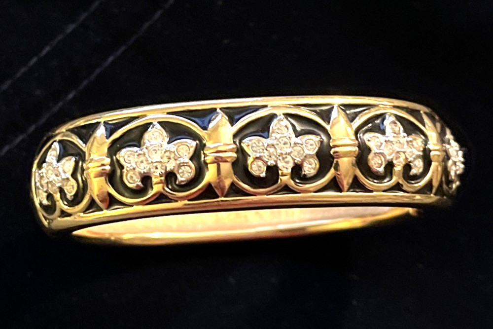 Classic SWAROVSKI Paved Crystal Black Enamel Fleur de Lis Hinged Bangle Bracelet