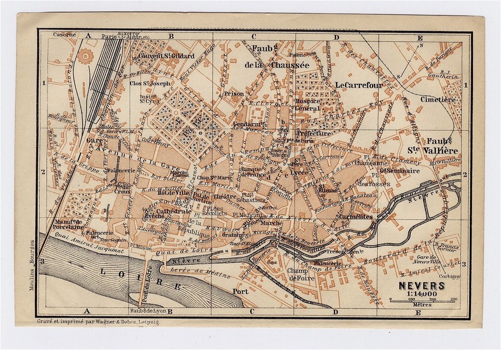 1919 Original Antique City Map Of Nevers / France