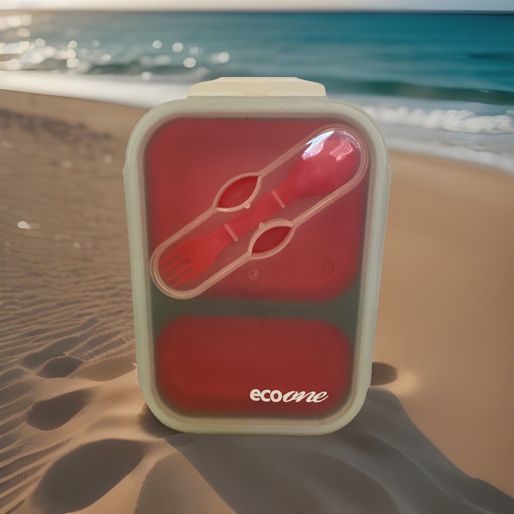 Eco One Bento Box Collapsible 3 Section BPA Free Silicone Lunch Box Red