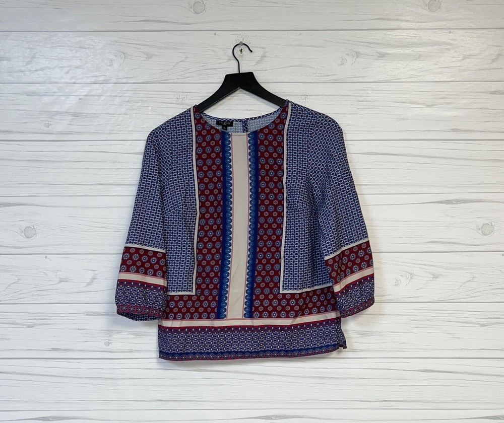 Talbots top womens size small petite long sleeve blouse blue patterned