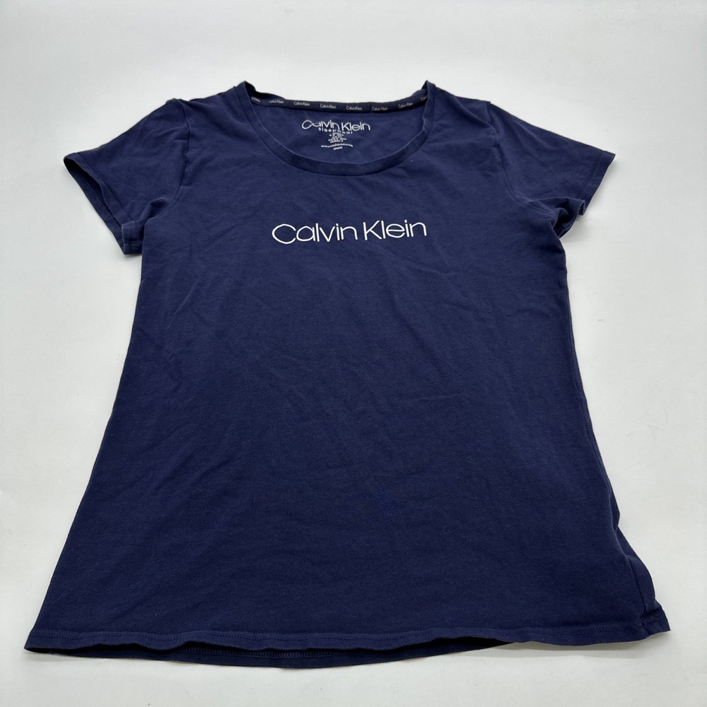 Calvin Klein T-Shirt Women Small Graphic Print Logo Blue Round Neck.#32643