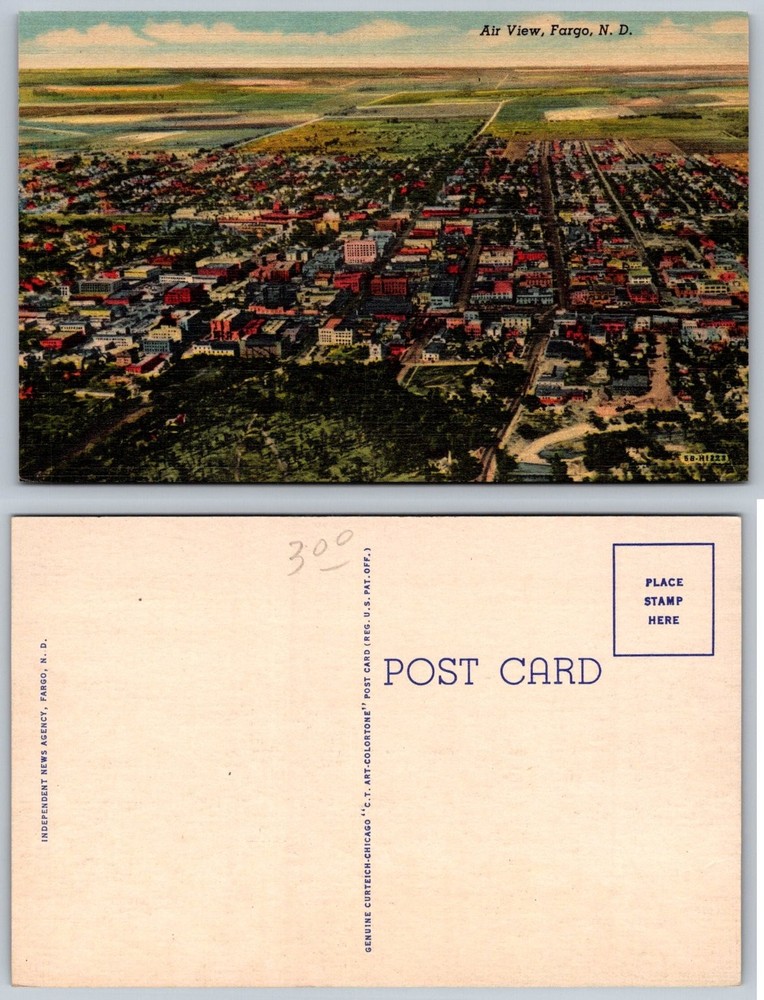 Vintage Air View Fargo ND Linen Postcard Curteich C.T. Art-Colortone 1930s