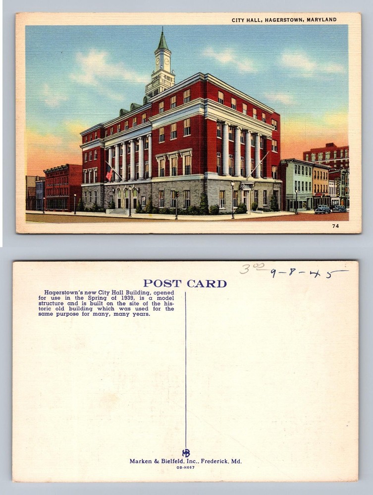 Hagerstown, MD-Maryland, City Hall Clock Tower Scene c1939 Card Vintage Postcard