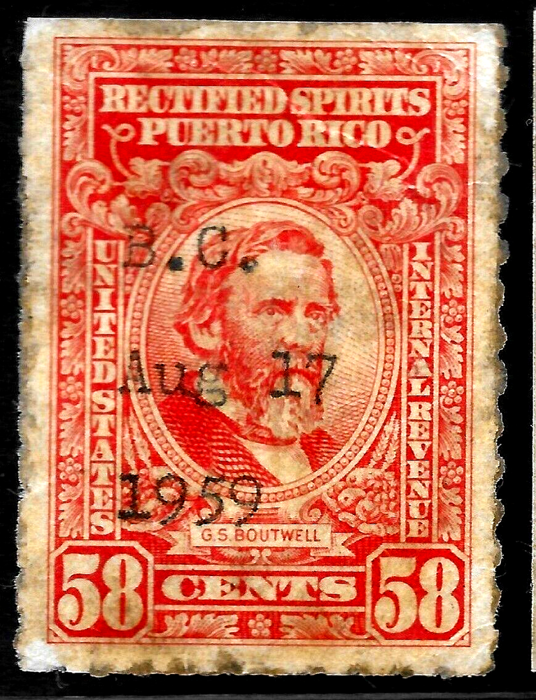 HICK GIR-USED U.S. PUERTO RICO REVENUE 58  CENTS LIQUOR TAX STAMP      X267