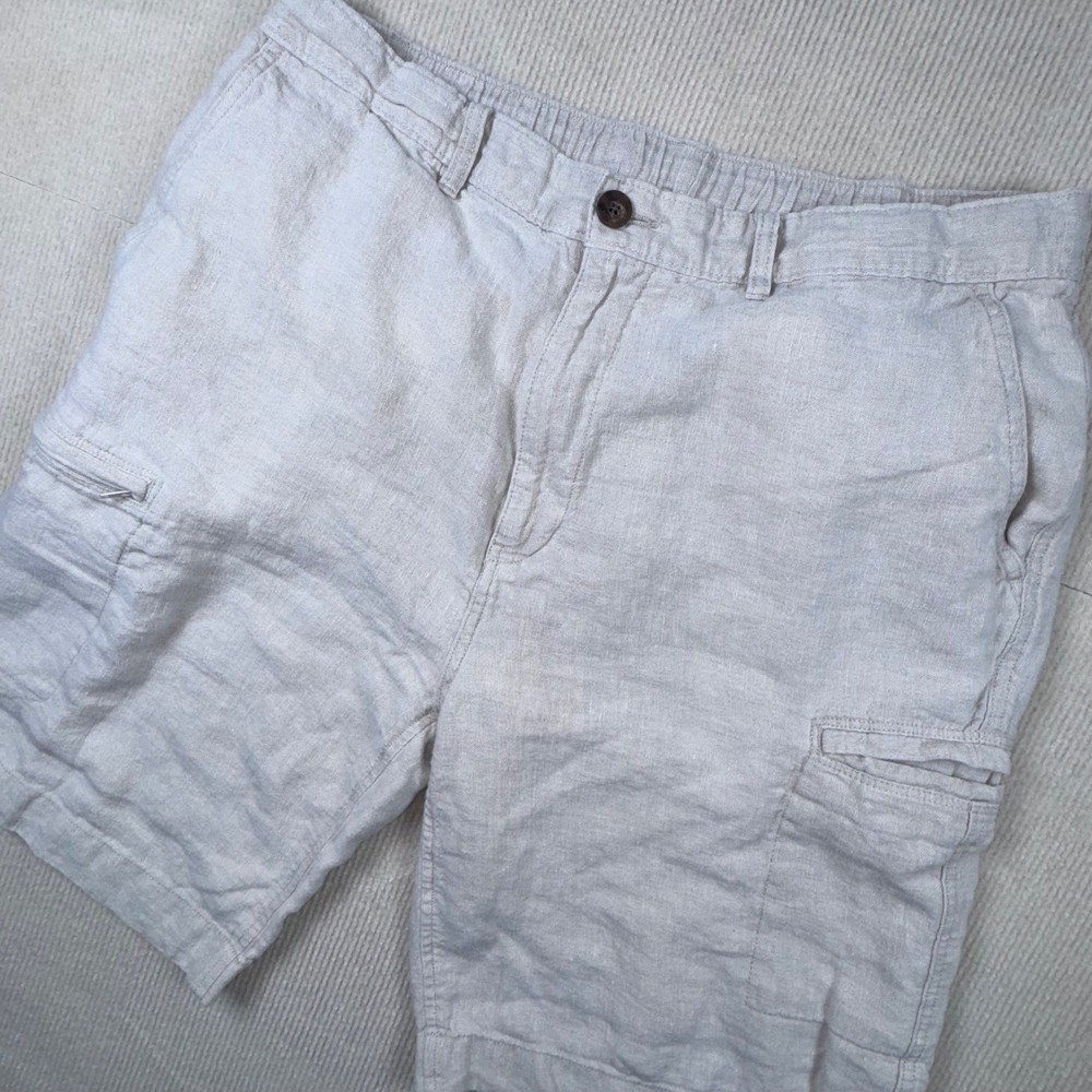 Caribbean Cargo Shorts Mens 38 Beige 100% Linen Elastic Back Utility Pockets
