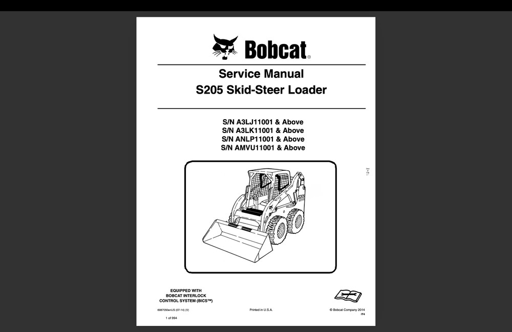Bobcat S205 S/N A3LJ11001 Service Repair Manual, Workshop Manual