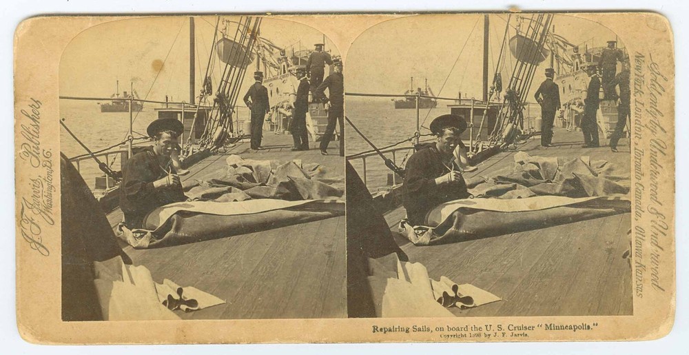B2508~ NAVY US CRUISER Minneapolis 1898 Stereoview– Repairing Sails- By Jarvis