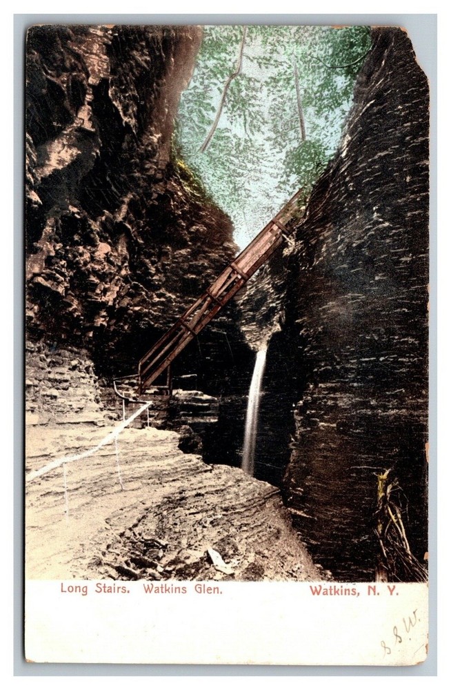 Watkins Glen, NY New York, Long Stairs, Waterfall, Undivided Back Postcard