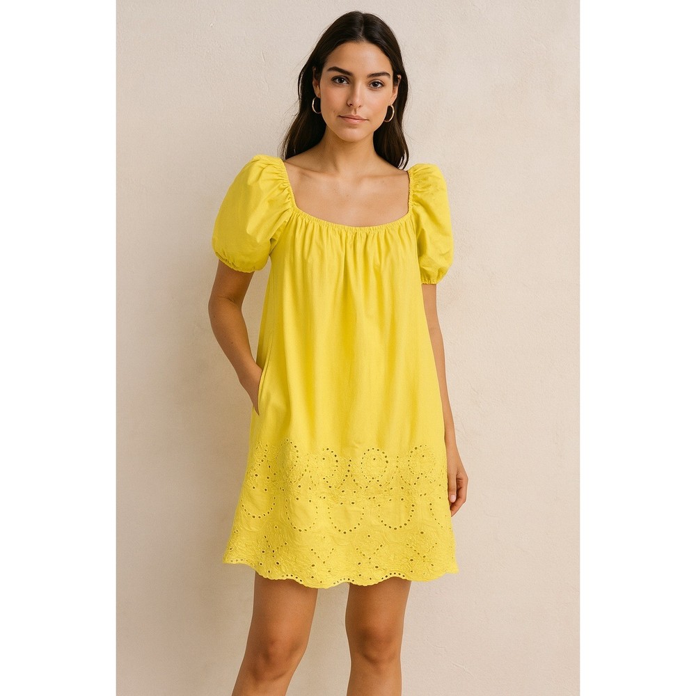 Zara Yellow Embroidered Mini Dress Puff Sleeve Cotton | Size S