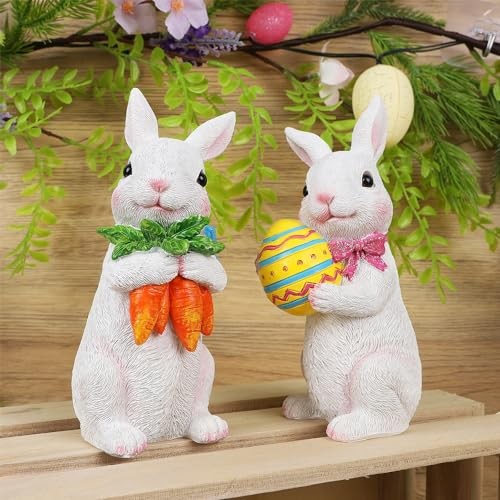 2 Pack Easter Bunny Figurine Decor, Standing Spring Resin White Rabbit Couple