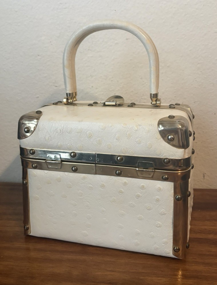 Vintage BORSA BELLA White Leather & Brass Box Bag Purse, Italy