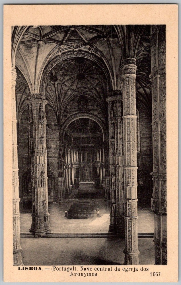 Antique Postcard Mosteiro Dos Jeronimos Nave Lisbon, Portugal 1910s