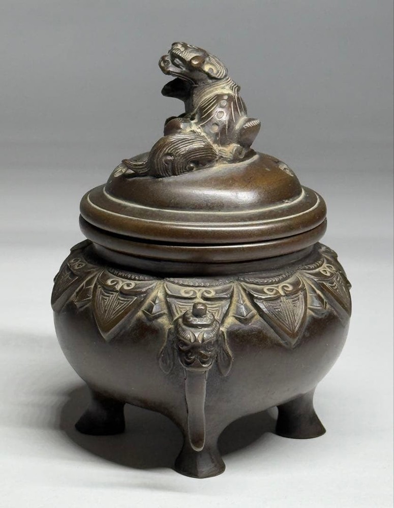 Japanese Vintage Bronze Incense Burner Censer Shishi Lion Metalwork 3.9 inch