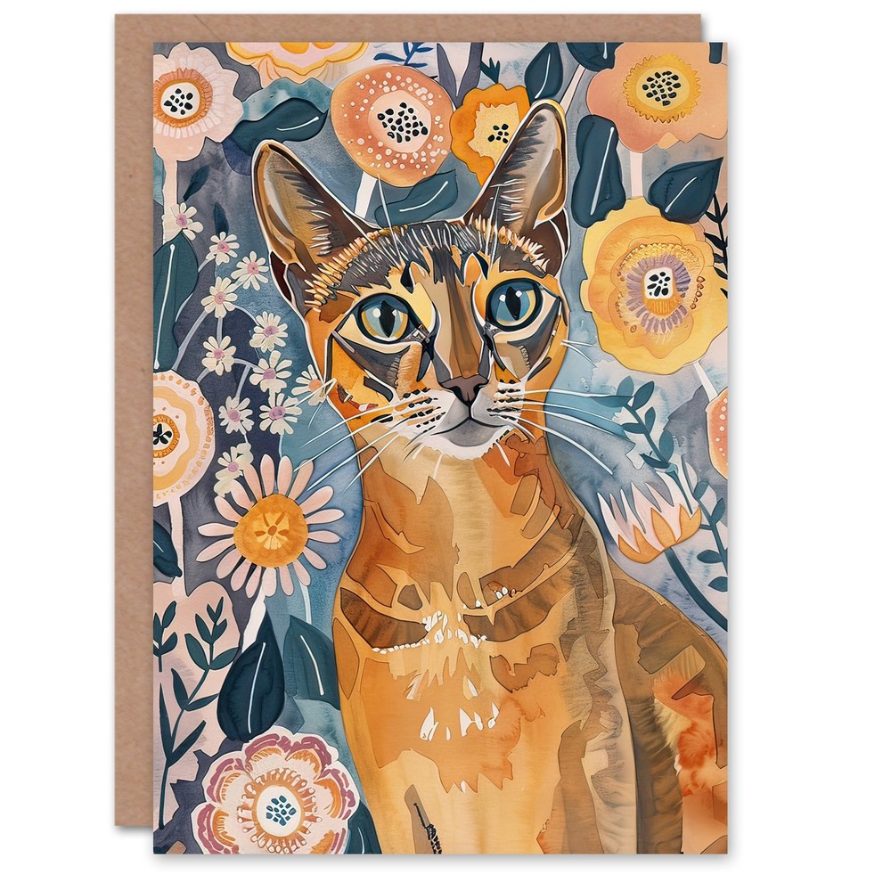 Greeting Card Cat Lover Abyssinian Floral Watercolour Folk Art Birthday