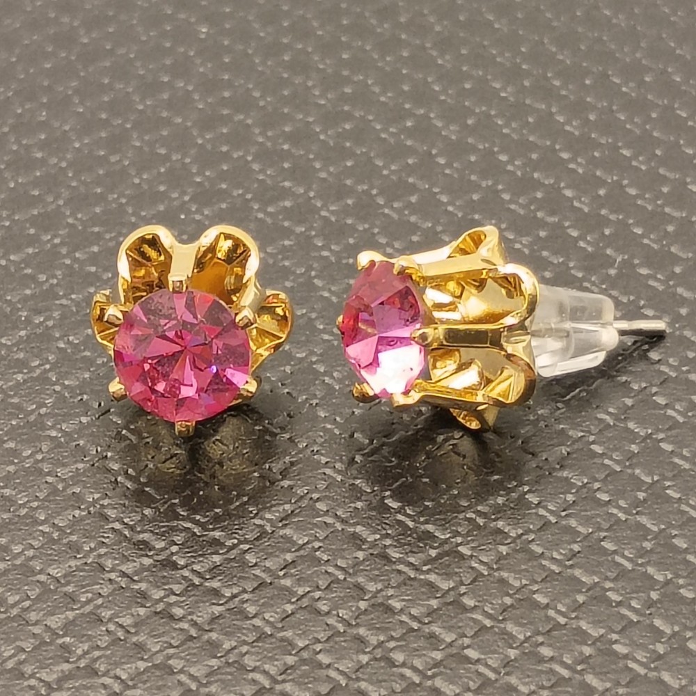 Vintage Pink Rhinestone Buttercup Stud Earrings Gold Tone Mid Century