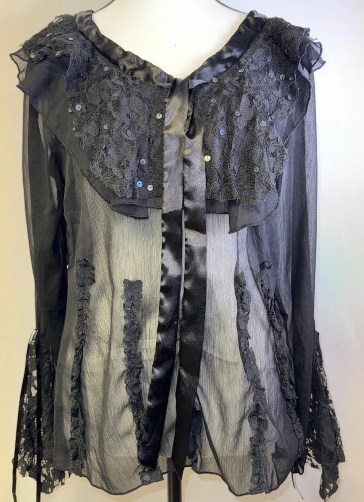 Vintage Vin Rouge Black Sheer Lace Ruffle Bell Sleeve Goth Fairy Blouse M
