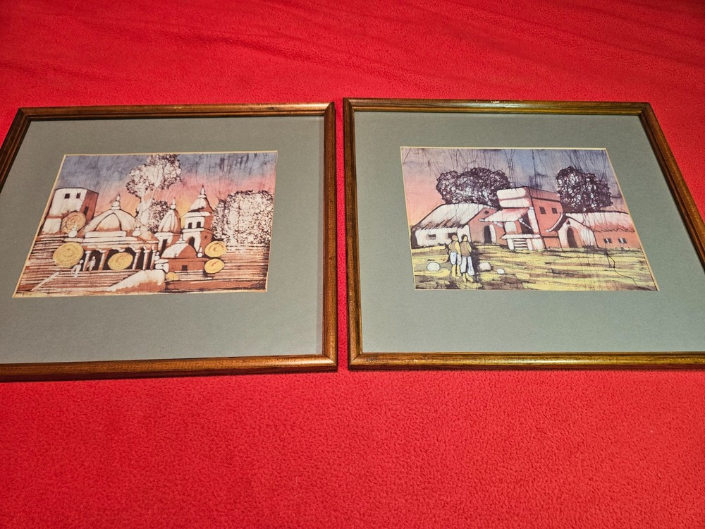 Pair of Matted And Framed Batik Paintings on Fabric / Vintage / 16'' x 14''