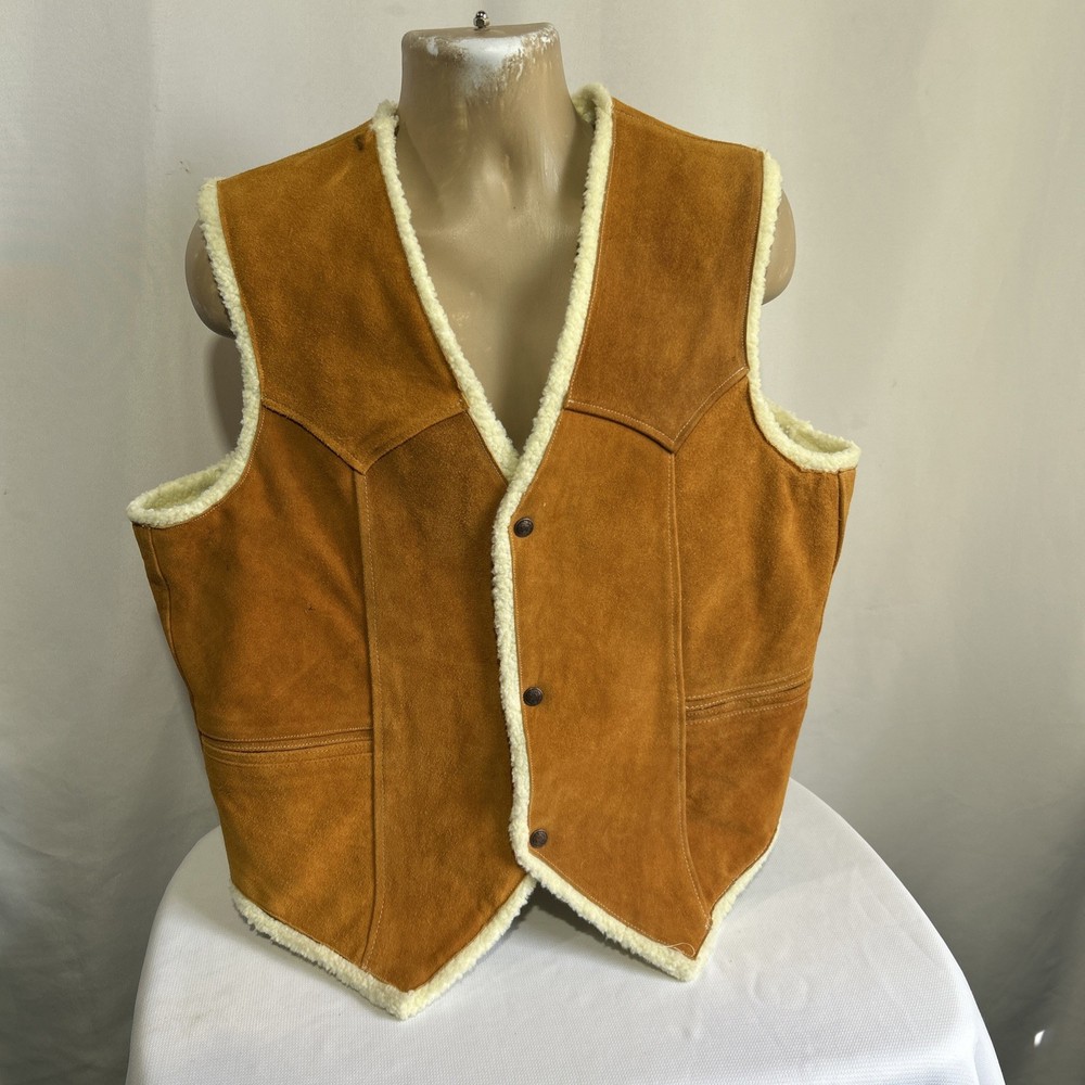 Vintage Suede Leather Sherpa Lined Vest Mens Large/XL Size 44 Western FLAW**