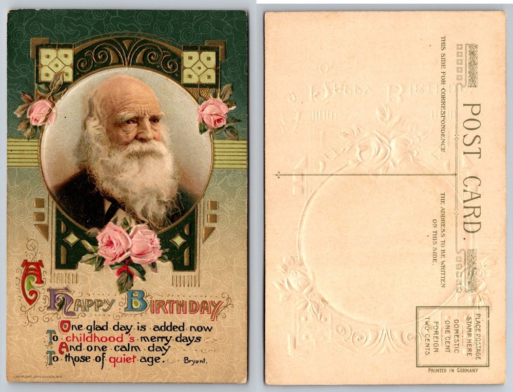 Antique 1910 John Winsch Embossed Birthday Postcard Charles Darwin Look-Alike
