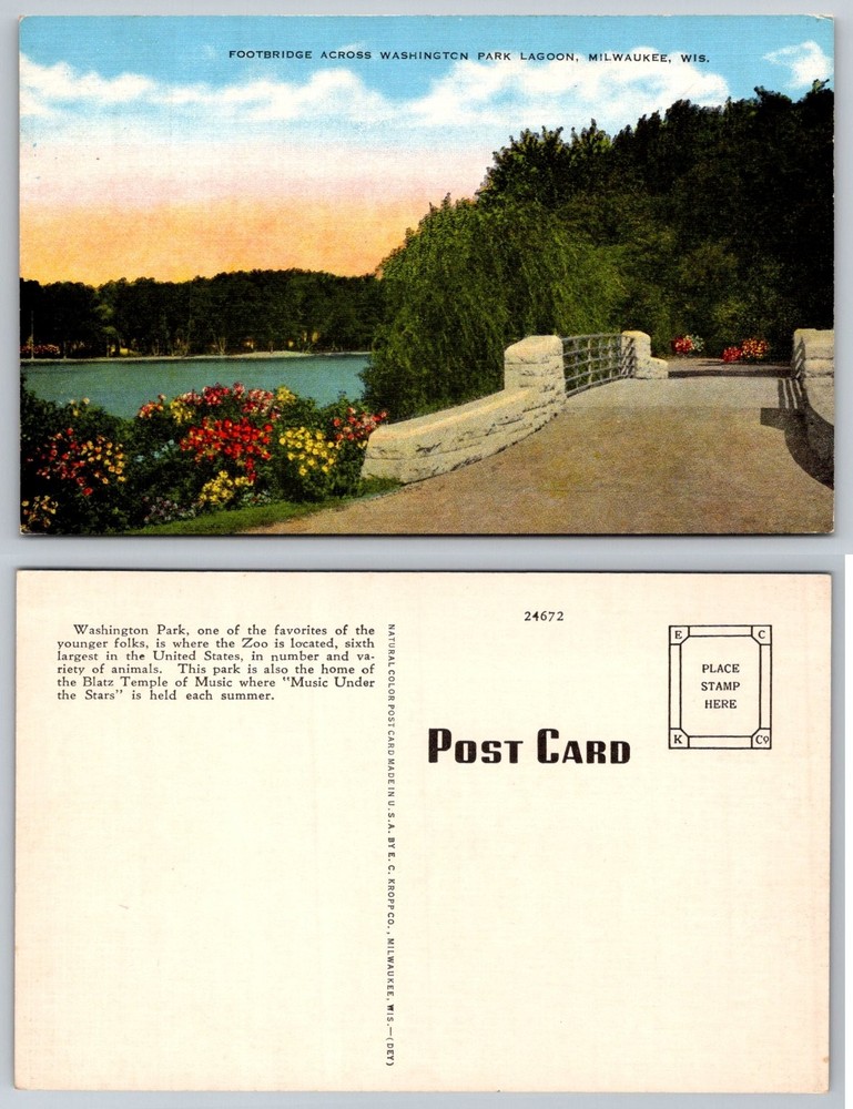 Milwaukee Washington Park Lagoon Footbridge Vintage E. C. Kropp Postcard