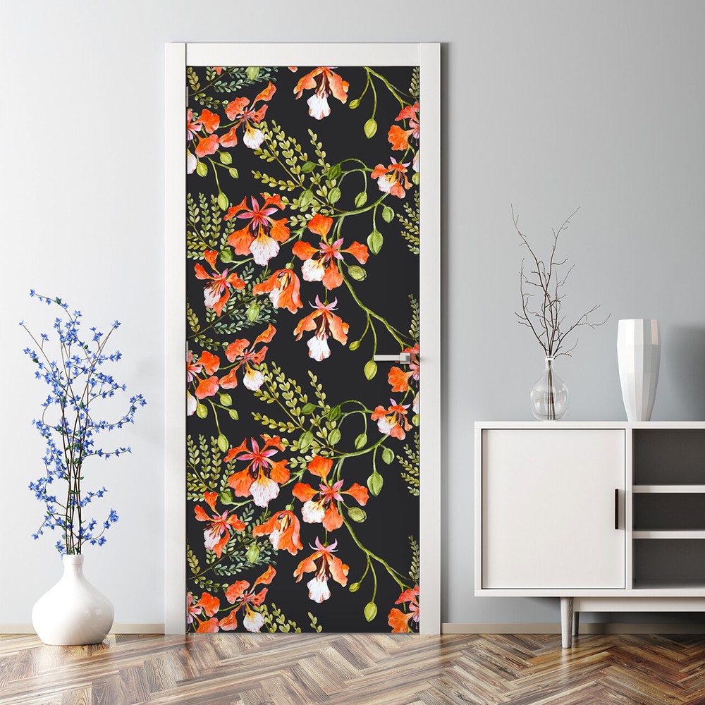 Bubble Free Door sticker Chinatown Fire Flowers Pattern Renters self adhesive