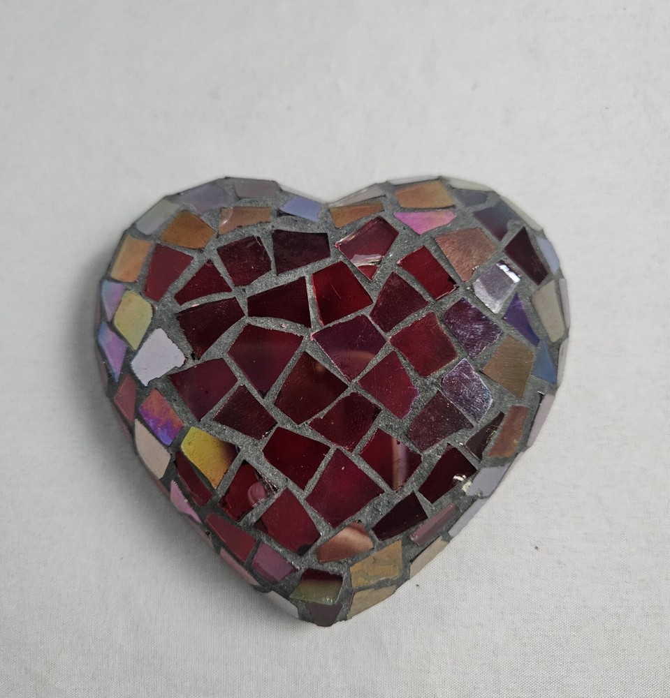 Vintage Mosaic Stained Glass Style Glass Heart Paperweight Unique Valentine Day