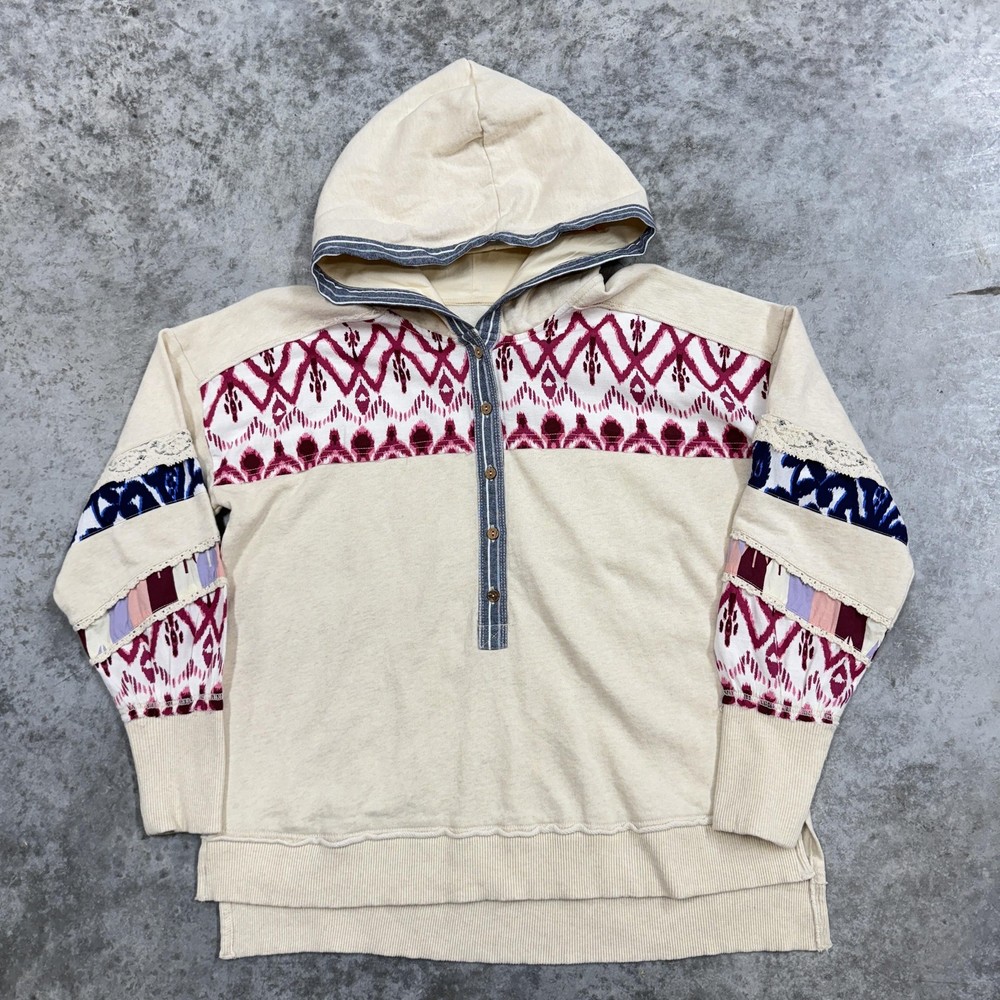 Pilcro Hoodie Womens Small Cream Boho Half Zip Pullover Embroidered Sweatshirt