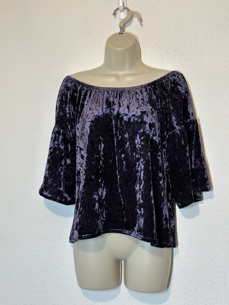 Y2K Purple Velvet Bell Flared Sleeve Top Medium Goth Grunge Witchy Whimsigoth