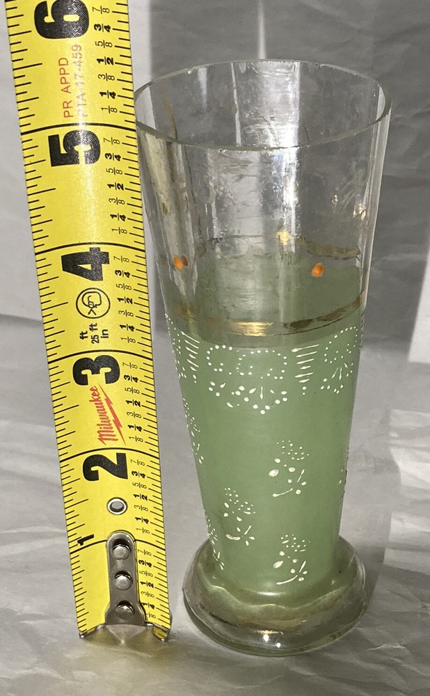 Vintage Hand-Painted Floral Absinth Green Glass Bud Vase 5 Inches-image