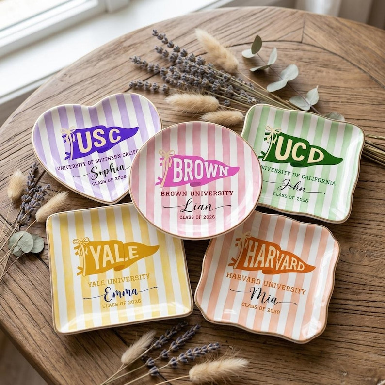 Personalized School Pennant Flag Ring Dish, Custom Graduation Jewelry Dish